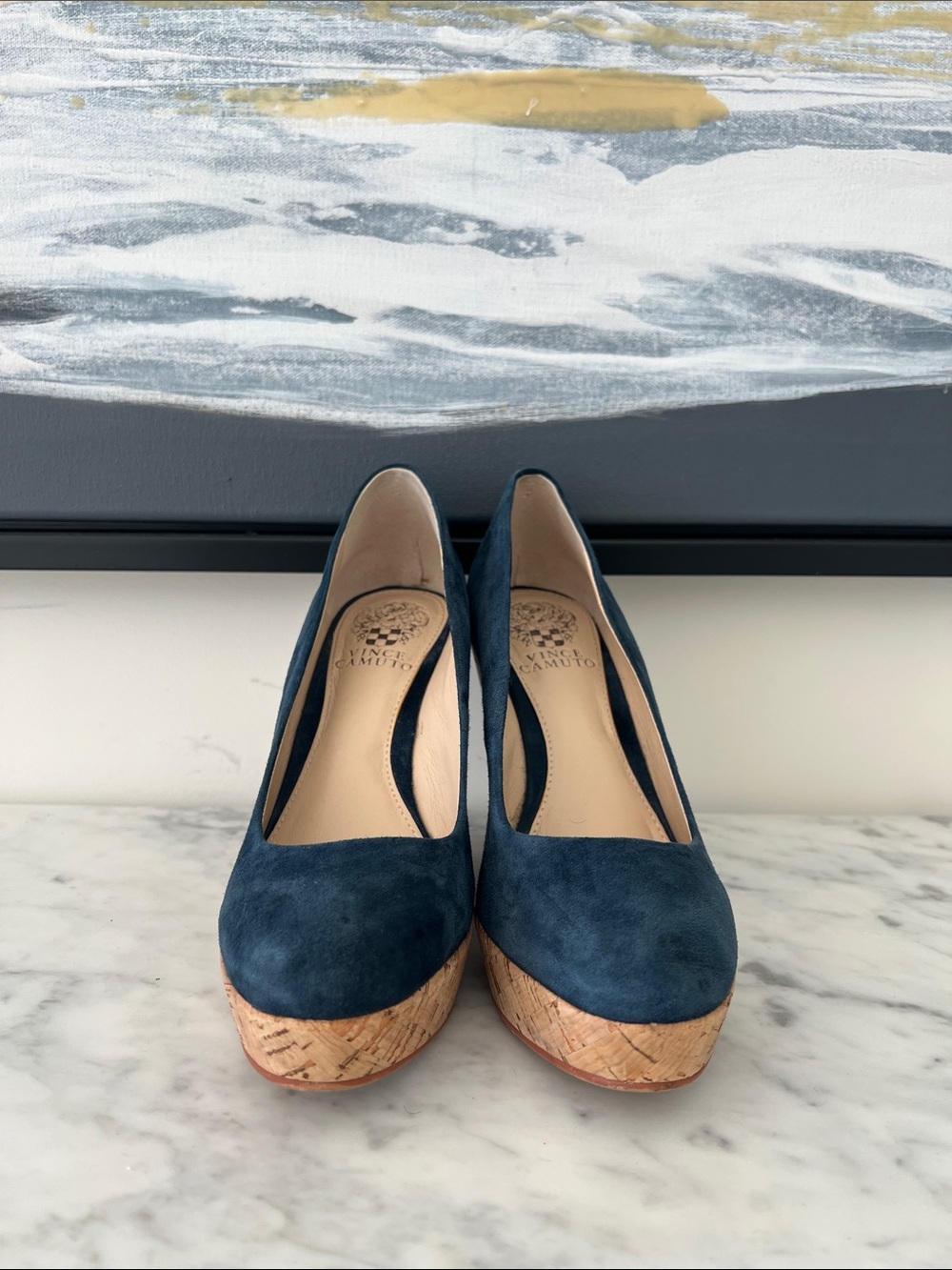 Vince Camuto Teal Suede Cork Platform Pumps